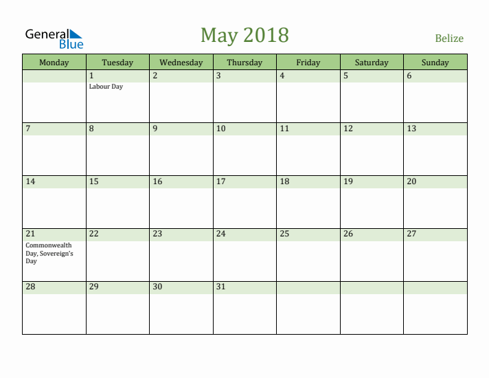 May 2018 Calendar with Belize Holidays