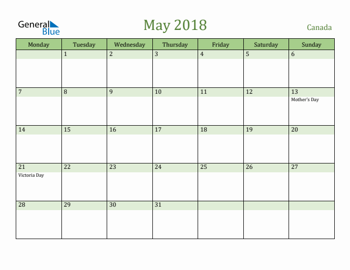 May 2018 Calendar with Canada Holidays
