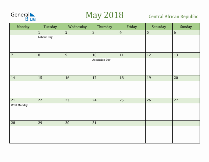 May 2018 Calendar with Central African Republic Holidays