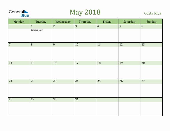 May 2018 Calendar with Costa Rica Holidays
