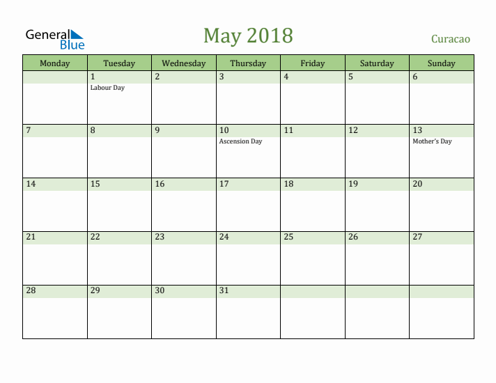 May 2018 Calendar with Curacao Holidays