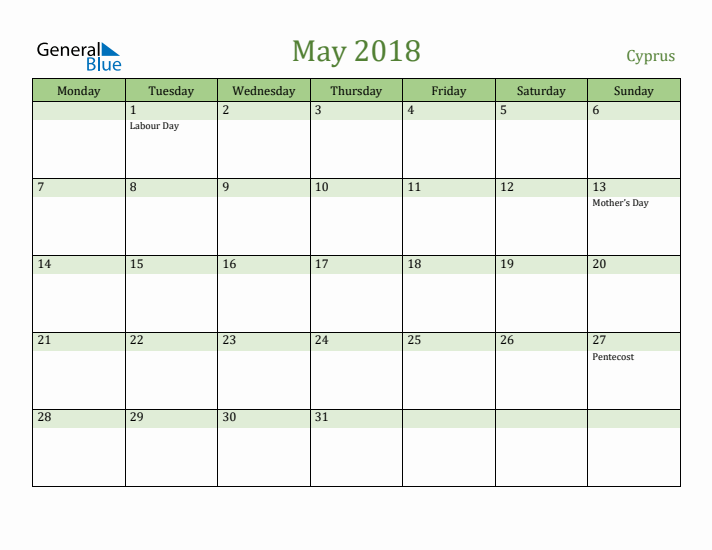 May 2018 Calendar with Cyprus Holidays