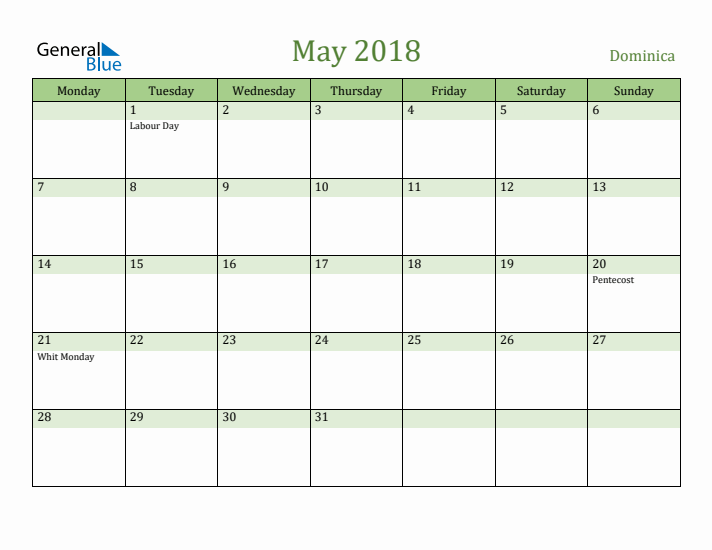 May 2018 Calendar with Dominica Holidays