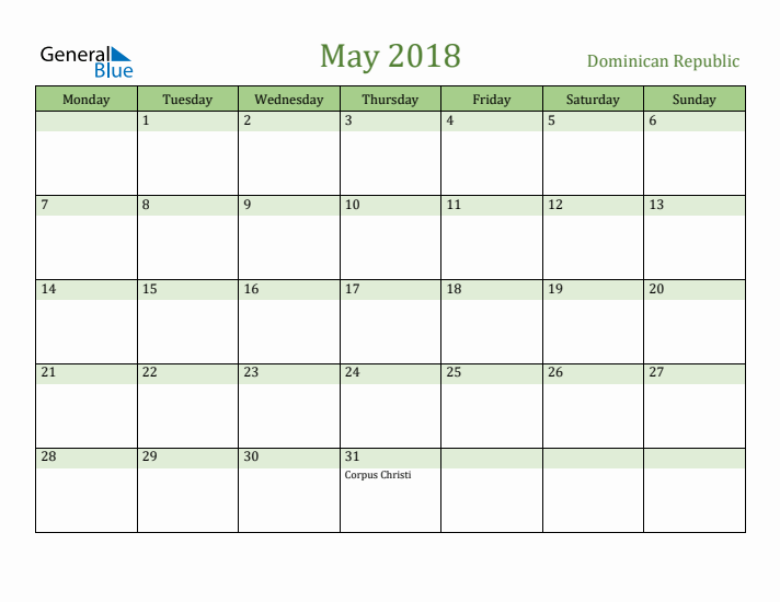 May 2018 Calendar with Dominican Republic Holidays
