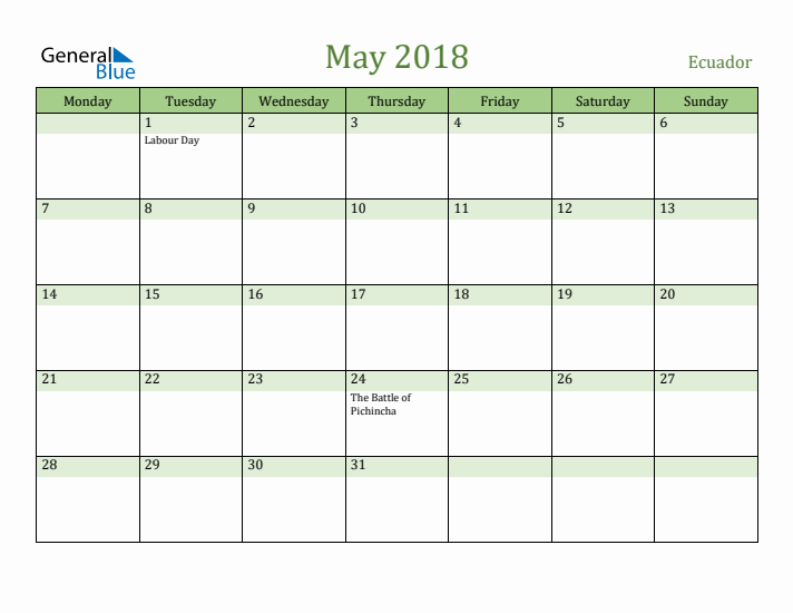 May 2018 Calendar with Ecuador Holidays