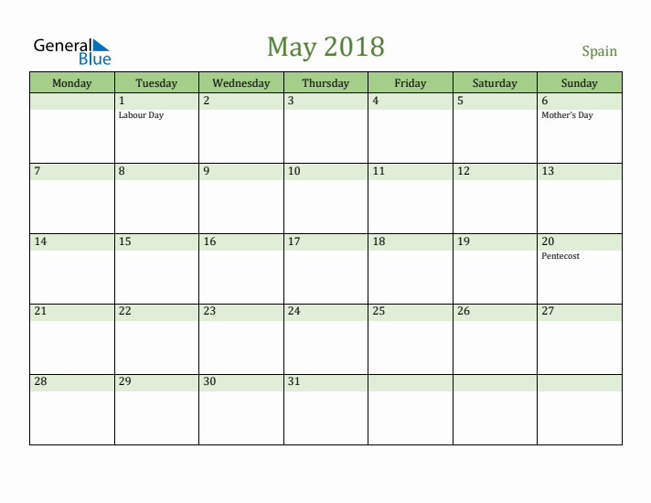 May 2018 Calendar with Spain Holidays