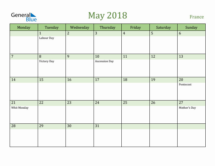 May 2018 Calendar with France Holidays