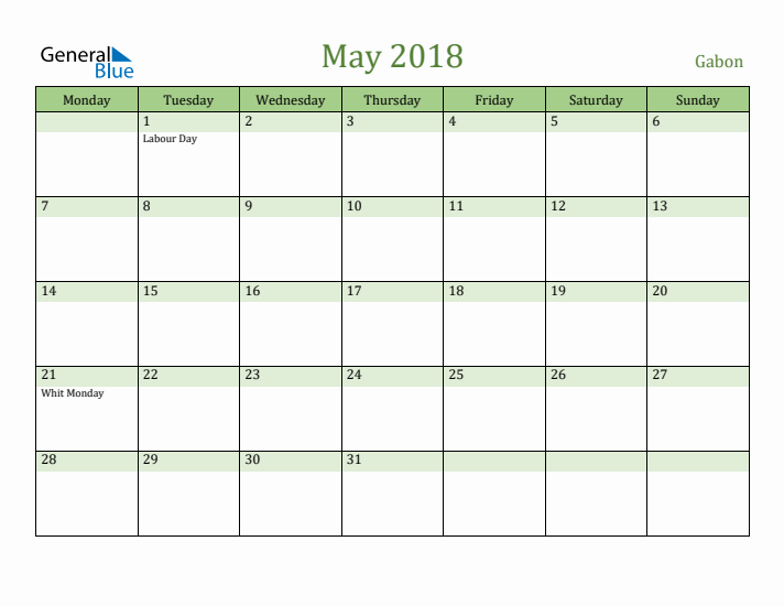 May 2018 Calendar with Gabon Holidays