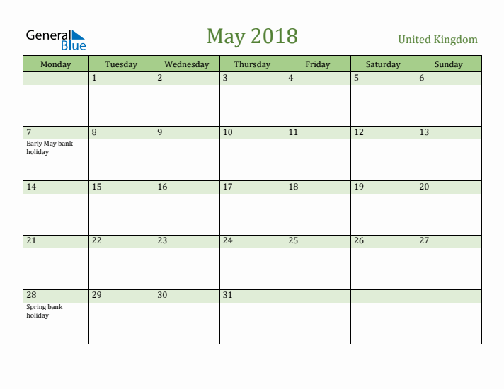 May 2018 Calendar with United Kingdom Holidays