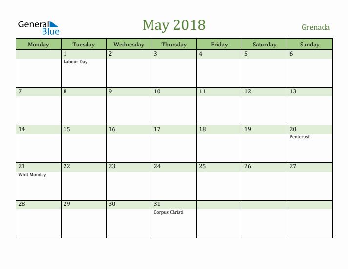 May 2018 Calendar with Grenada Holidays