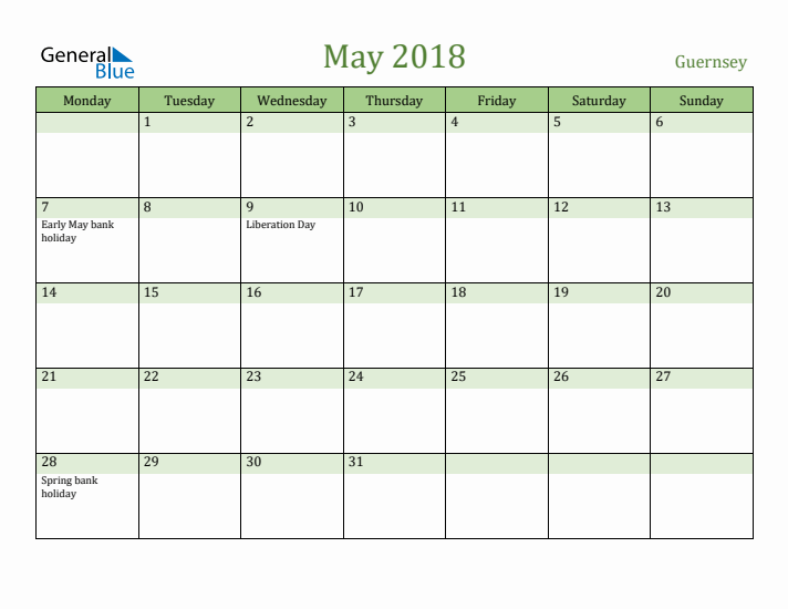 May 2018 Calendar with Guernsey Holidays