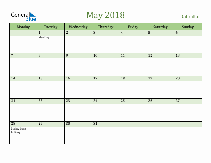 May 2018 Calendar with Gibraltar Holidays