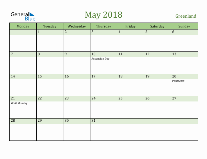 May 2018 Calendar with Greenland Holidays