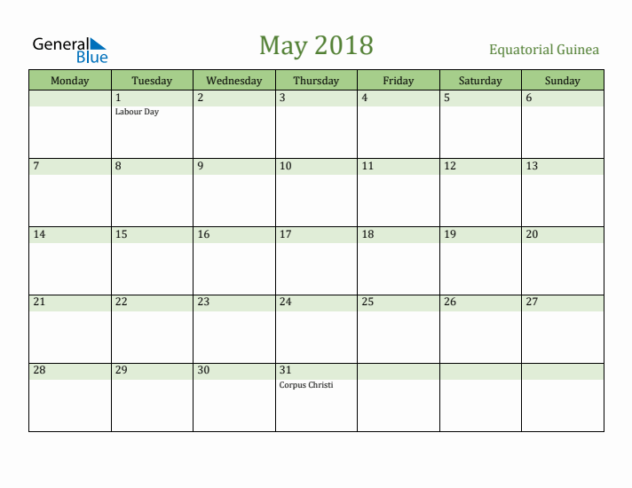 May 2018 Calendar with Equatorial Guinea Holidays