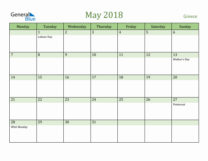 May 2018 Calendar with Greece Holidays