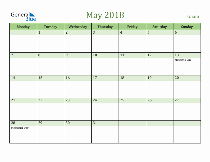 May 2018 Calendar with Guam Holidays