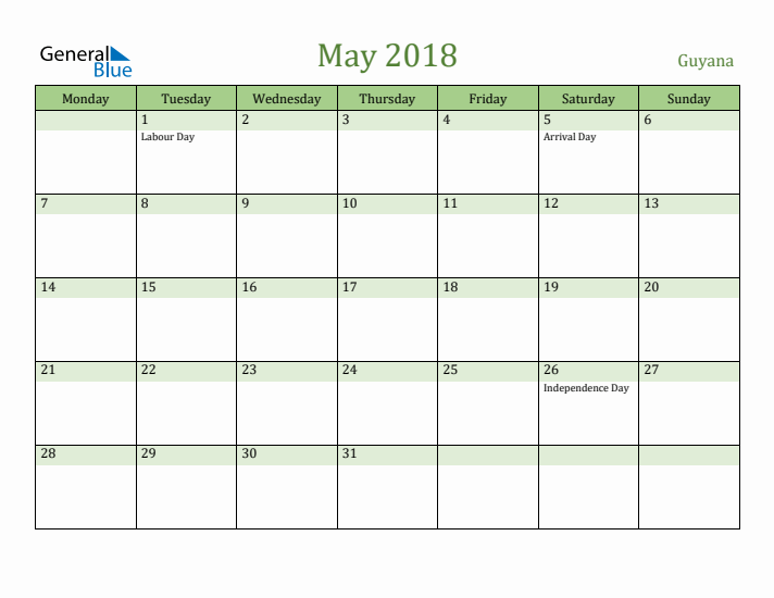 May 2018 Calendar with Guyana Holidays