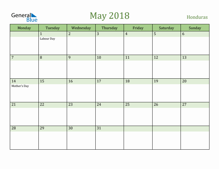 May 2018 Calendar with Honduras Holidays