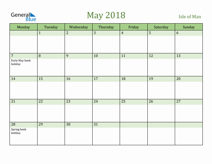 May 2018 Calendar with Isle of Man Holidays