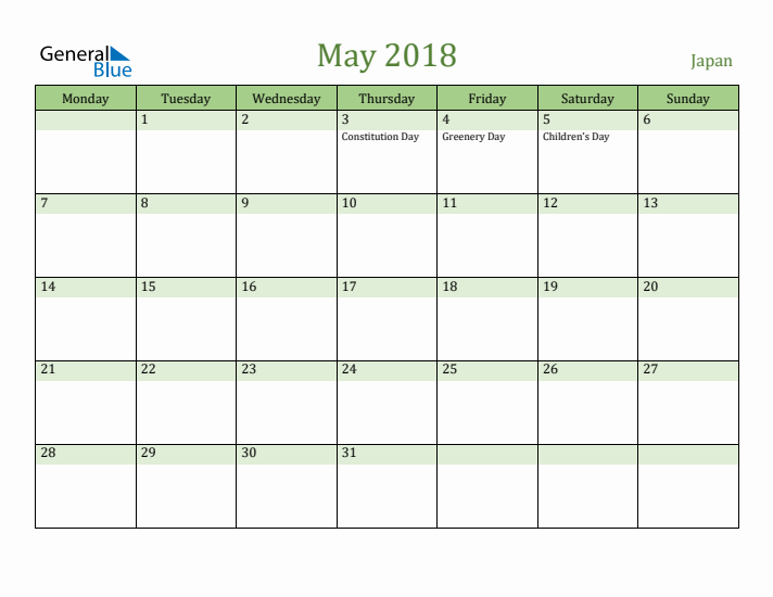 May 2018 Calendar with Japan Holidays