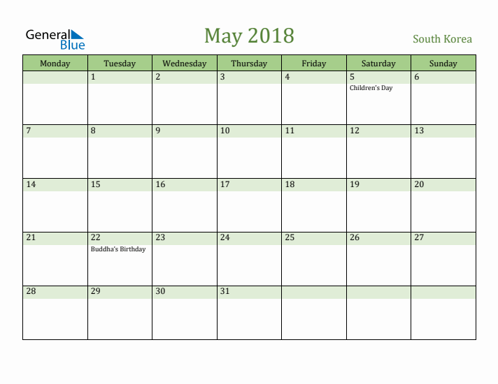 May 2018 Calendar with South Korea Holidays