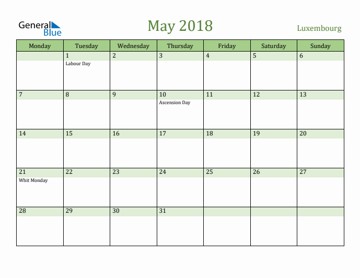 May 2018 Calendar with Luxembourg Holidays