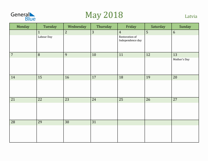 May 2018 Calendar with Latvia Holidays
