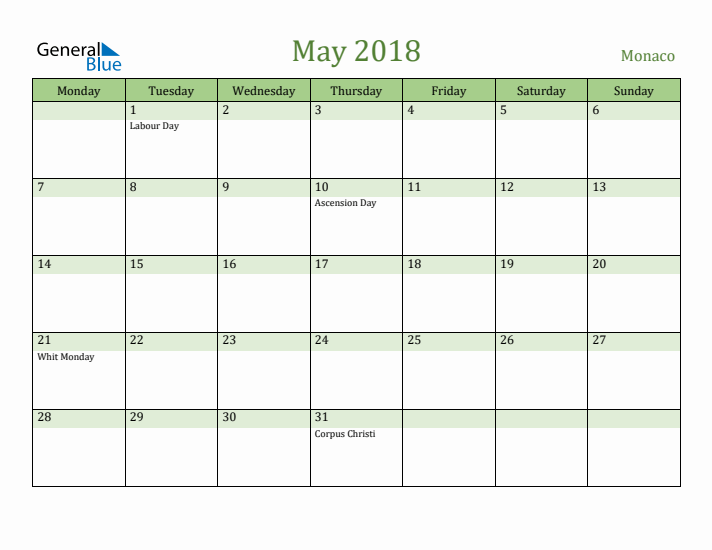 May 2018 Calendar with Monaco Holidays