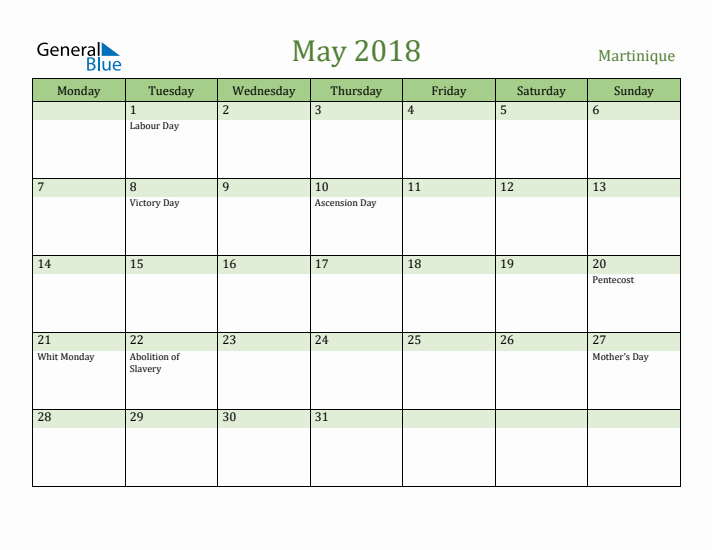 May 2018 Calendar with Martinique Holidays