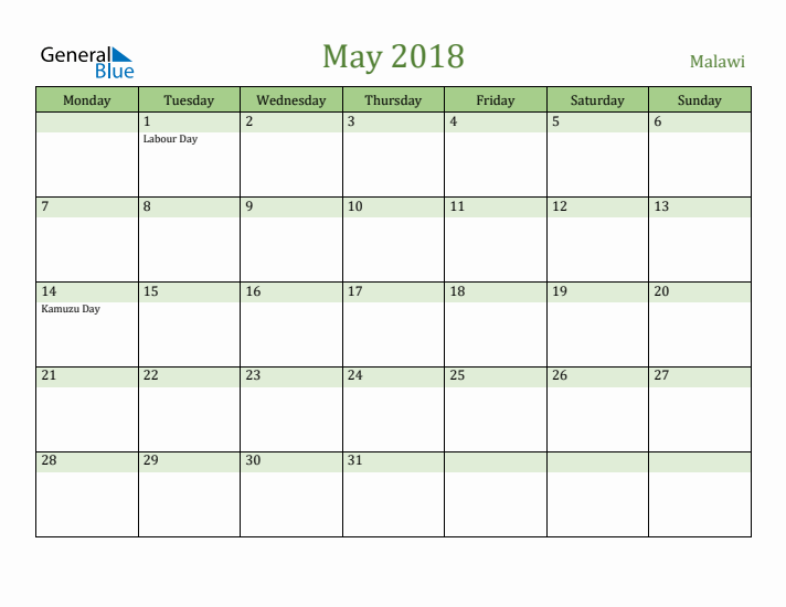 May 2018 Calendar with Malawi Holidays
