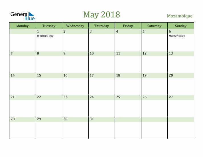 May 2018 Calendar with Mozambique Holidays