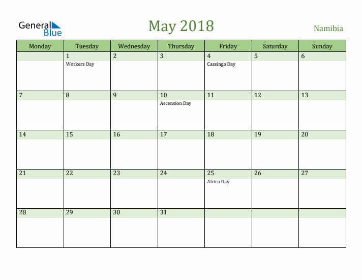 May 2018 Calendar with Namibia Holidays