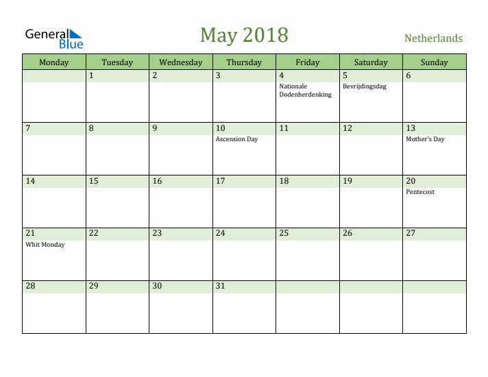 May 2018 Calendar with The Netherlands Holidays