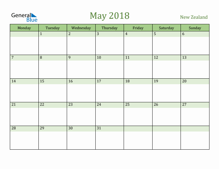 May 2018 Calendar with New Zealand Holidays