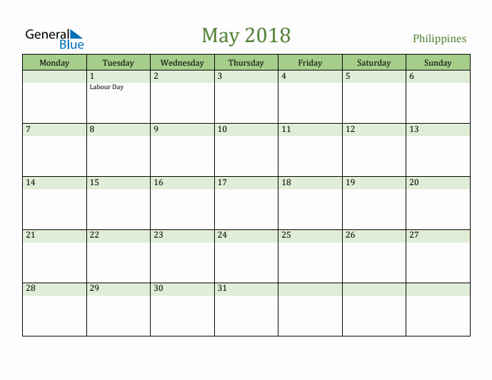 May 2018 Calendar with Philippines Holidays