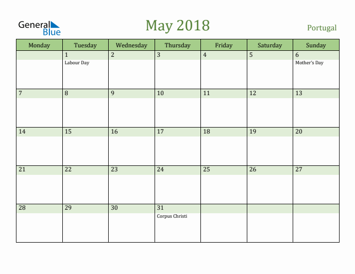 May 2018 Calendar with Portugal Holidays