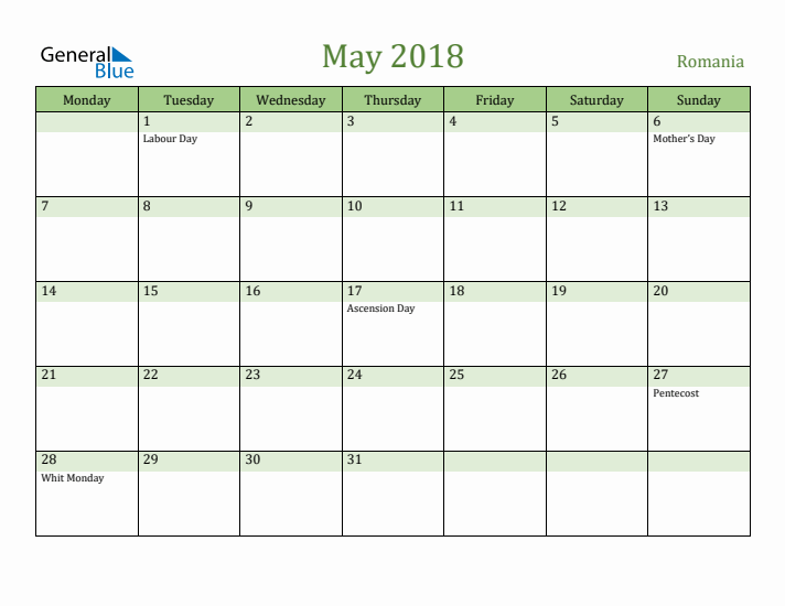 May 2018 Calendar with Romania Holidays