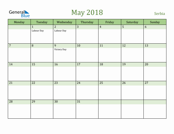 May 2018 Calendar with Serbia Holidays