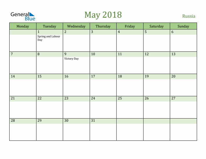 May 2018 Calendar with Russia Holidays