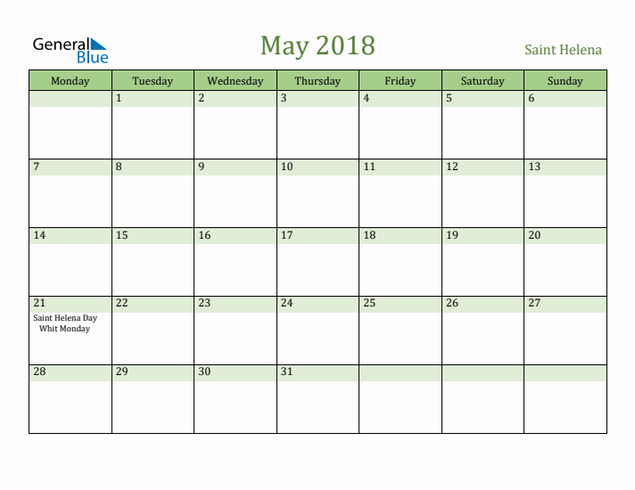May 2018 Calendar with Saint Helena Holidays