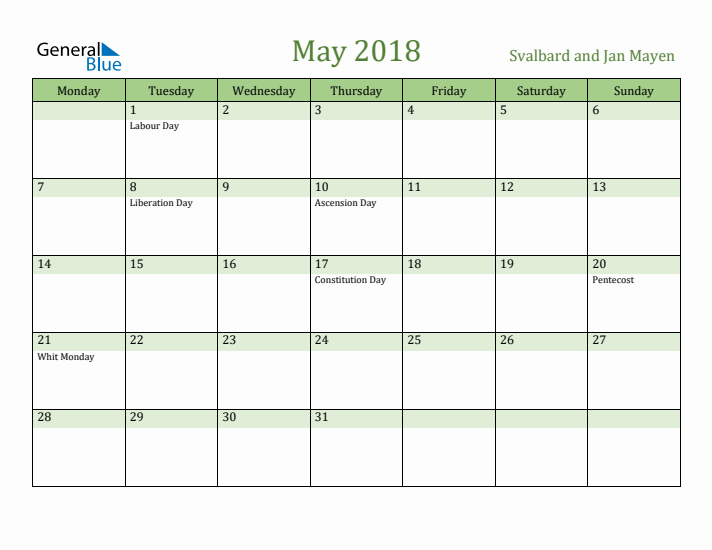 May 2018 Calendar with Svalbard and Jan Mayen Holidays