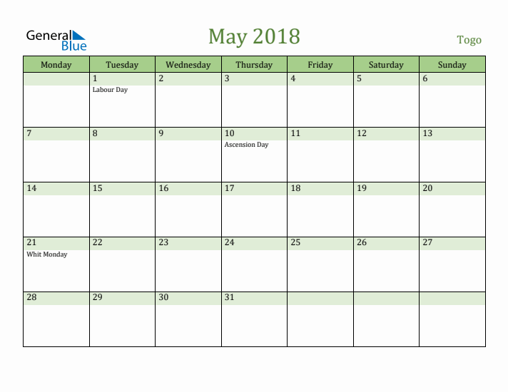 May 2018 Calendar with Togo Holidays