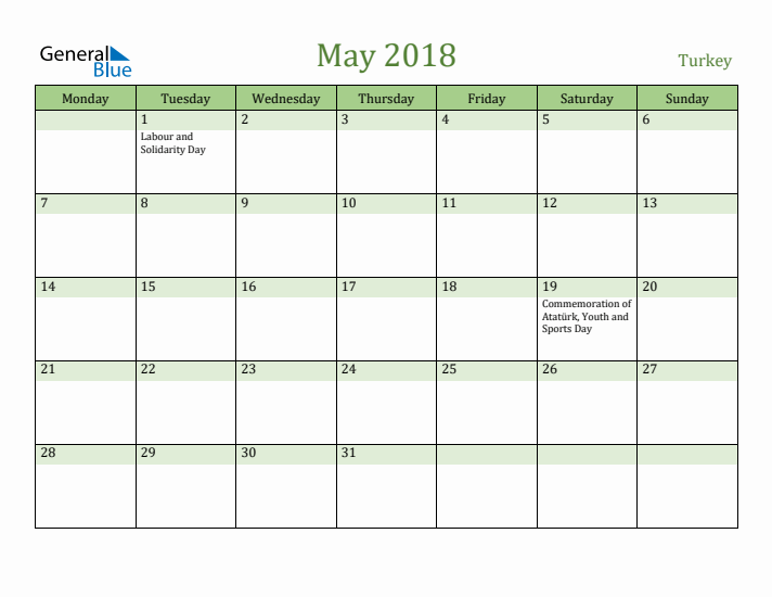 May 2018 Calendar with Turkey Holidays