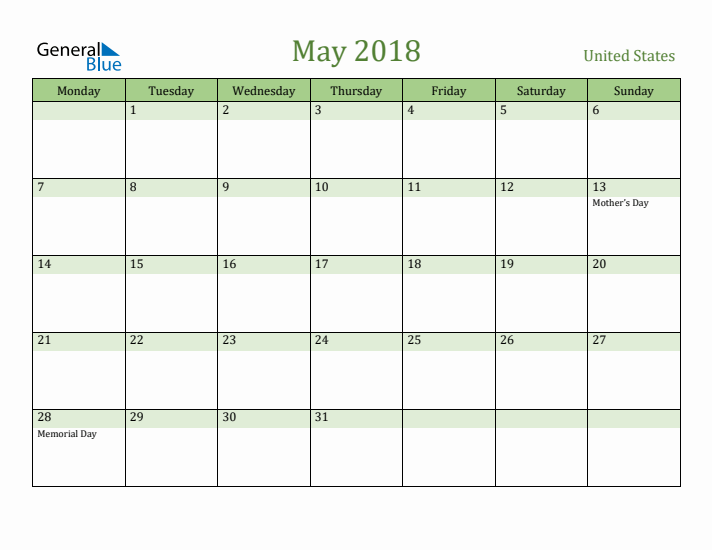 May 2018 Calendar with United States Holidays