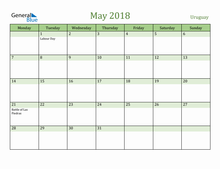 May 2018 Calendar with Uruguay Holidays