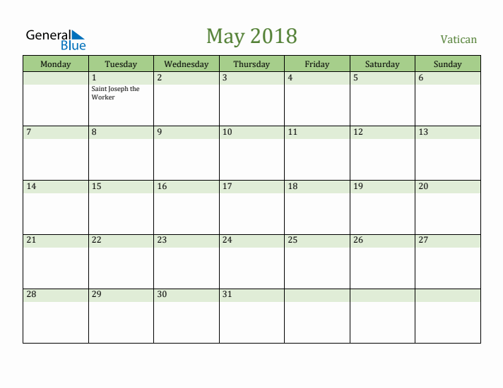 May 2018 Calendar with Vatican Holidays