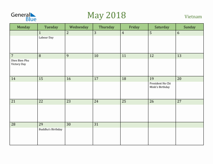 May 2018 Calendar with Vietnam Holidays