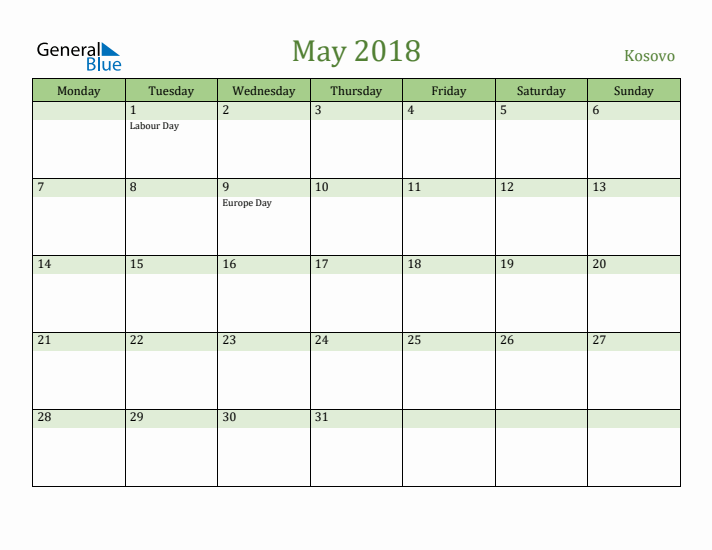May 2018 Calendar with Kosovo Holidays