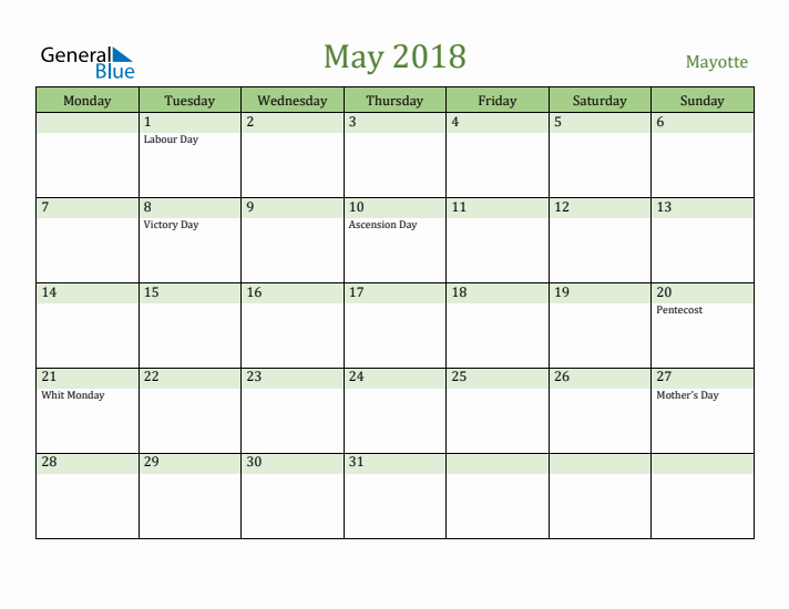 May 2018 Calendar with Mayotte Holidays