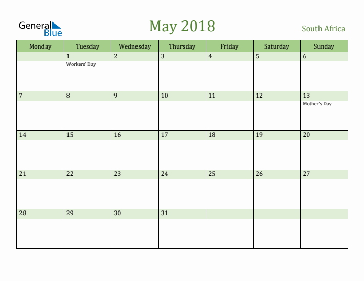 May 2018 Calendar with South Africa Holidays